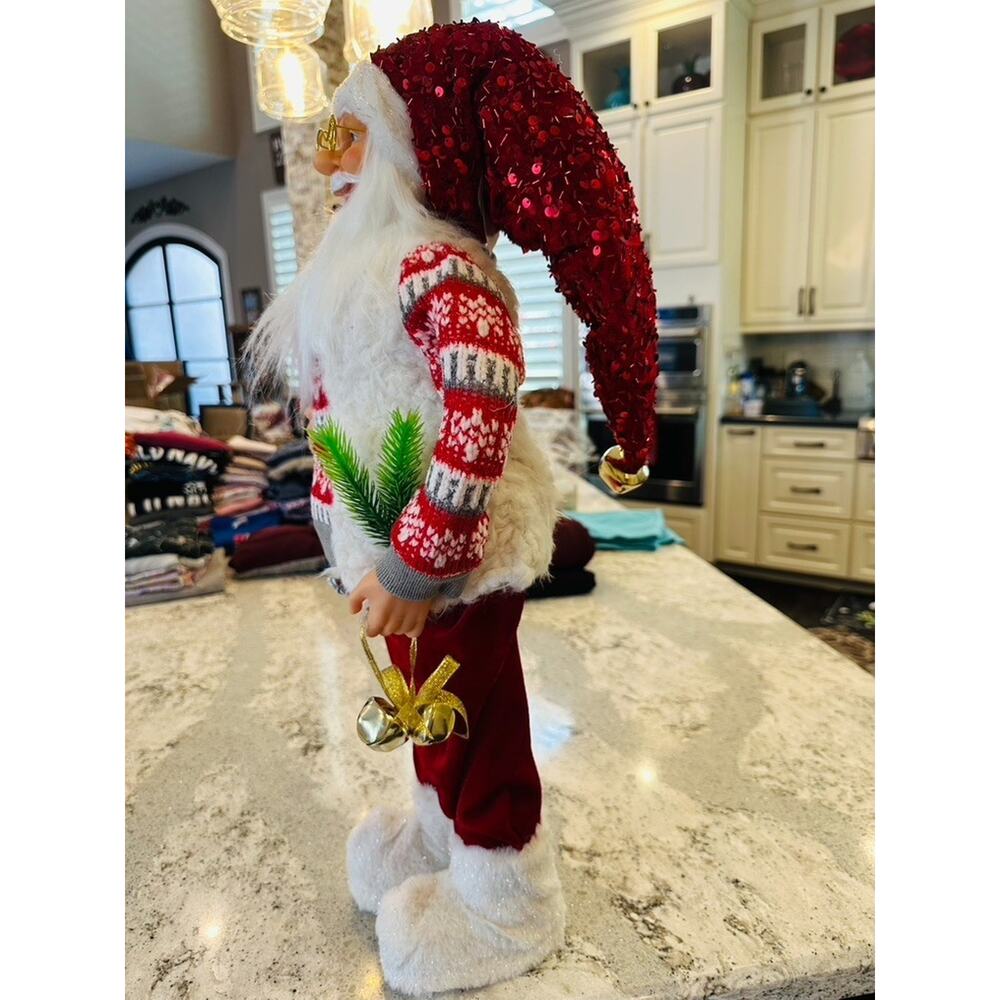 Santa Claus Figurine 24" Red Sweater Sequin Hat Christmas Decoration Holiday Fig - Picture 12 of 16